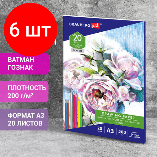 Комплект 6 шт, Бумага для рисования в папке большая А3, 20 л, 200 г/м2, ватман гознак, BRAUBERG ART CLASSIC, 114491