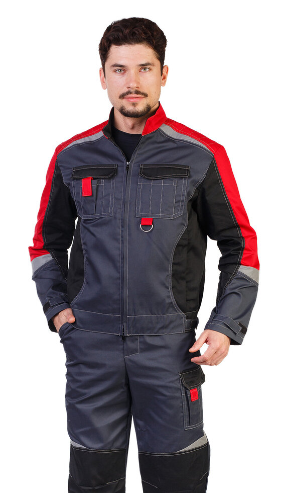 Костюм мужской рабочий "Мега"(Т) летний куртка, полукомбинезон сер с чер, красн и СОП тк. Твилл (60-62, 170-176)
