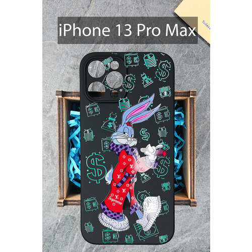 Силиконовый чехол Заяц Банни суприм неон для iPhone 13 Pro Max / Айфон 13 Про Макс силиконовый чехол лв бани неон прозрачный для iphone 13 pro max айфон 13 про макс