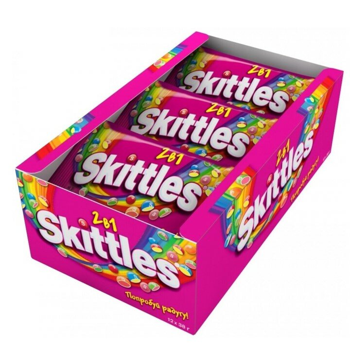 Skittles 2в1 драже в разноцветной сахарной глазури, 38 г, 12 уп. (розовый)