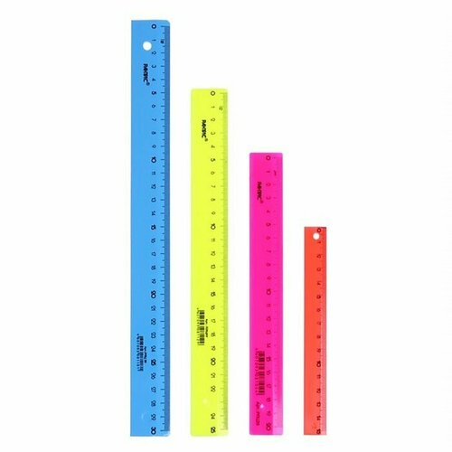 Набор 4 линейки Calligrata Neon, 15, 20, 25 и 30 см, непрозрачная, европодвес, микс (комплект из 18 шт)