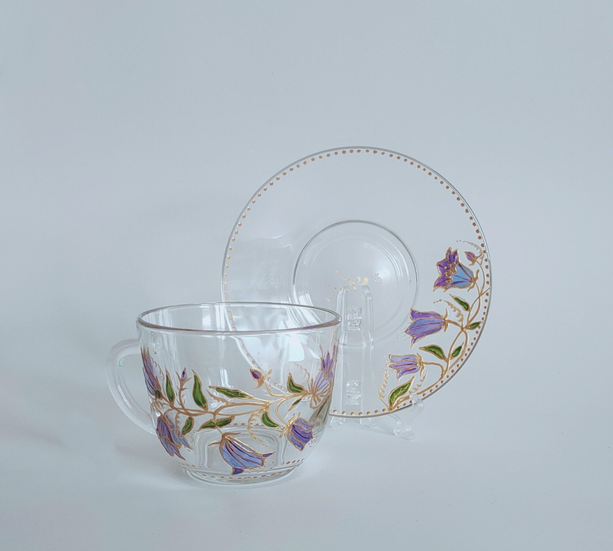 Кружка авторская чашка с блюдцем с витражной росписью "Весенние первоцветы" 250мл.