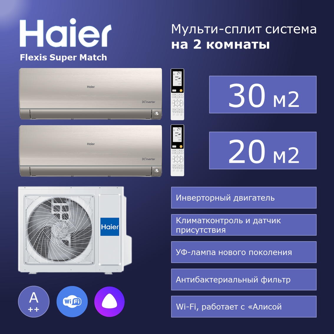 Мульти сплит система на 2 комнаты Haier AS25S2SF2FA-B+AS35S2SF2FA-B/2U50S2SM1FA