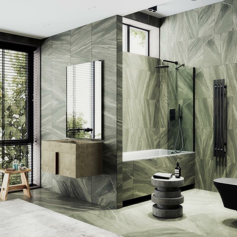 фото Maybah Glass Неподвижная шторка для ванны в широком профиле 80 см, стекло прозрачное, профиль черный MGV-64-6ш Maybah Glass