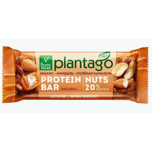 фото Батончики протеиновые, plantago, protein bar natural, 40 г, арахис-миндаль-соленая карамель