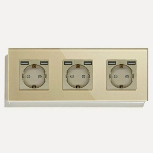 Изображение товара Розетка электрическая 3 поста, с Usb АА, рамка 228х86мм стекло, цвет золотой