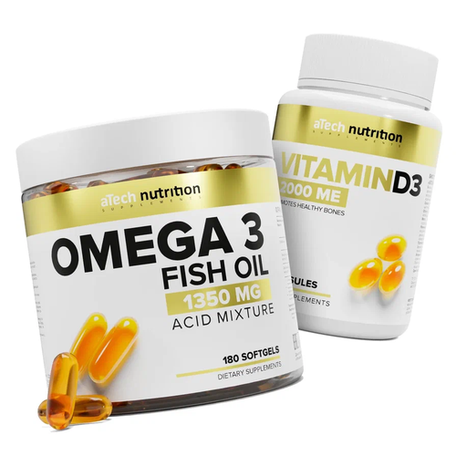 Комплекс витаминов aTech nutrition: Омега 3 1350 мг + Д3 2000 МЕ 180+180 капсул