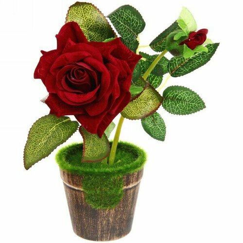 Цветы искусственные в горшочке с мхом «Роза бордо» h 25см
