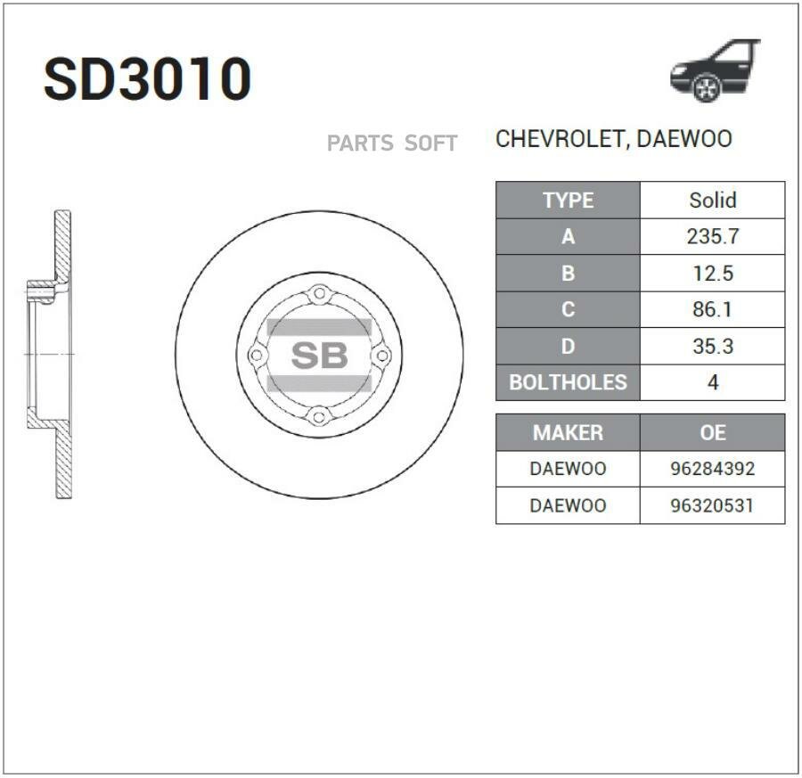 SD3010_диск тормозной передний!\ Daewoo Matiz 0.8/1.0 98> SANGSIN BRAKE / арт. SD3010 - (1 шт)