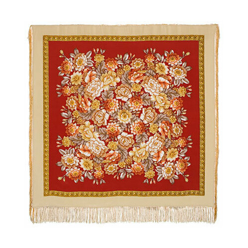 фото Платок павловопосадская платочная мануфактура,130х130 см, красный, бежевый