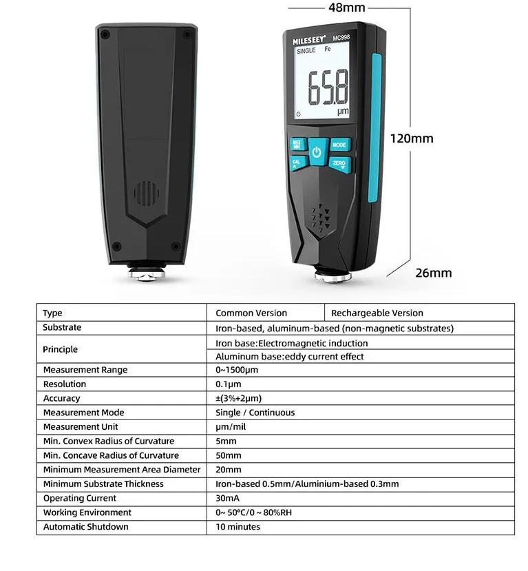 Толщиномер Mileseey MC998 Fe/NFe с поверочными пластинами