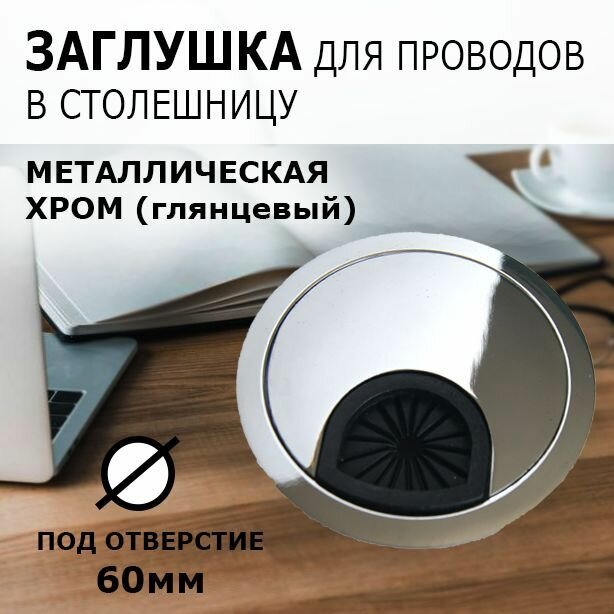 фото Заглушка 2 шт. для проводов в столешницу на компьютерный стол, кабель-канал алюминиевая, цвет хром глянцевый