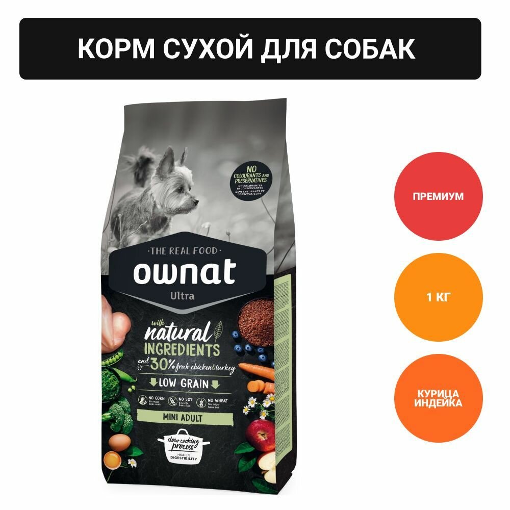 Ownat Mini Adult Ultra Сухой корм для собак мелких пород, с курицей и индейкой, 1 кг