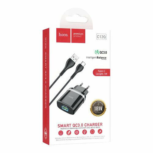 СЗУ HOCO C12Q Smart 1xUSB, 3А, 18W, QC3.0, LED + USB кабель Type-C, 1м (черный) сзу usb hoco c12q black 3а qc