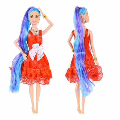 Кукла шарнирная/игрушка для девочки/длинные волосы/красный шарнирная кукла в голубом нарядном платье с длинными волосами 30 см