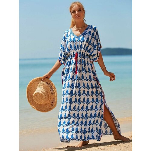 Туника Lukky, размер 44/56, голубой, белый сексуальное пляжное платье купальный костюм накидка ажурное сетчатое прозрачное женское ночное платье пляжная одежда ds021