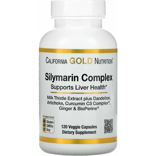 биологически активная добавка california gold nutrition children s dha chewables 180 шт California Gold Nutrition Silymarin Complex Supports Liver Health 120 veggie capsules (Силимарин для поддержки печени)