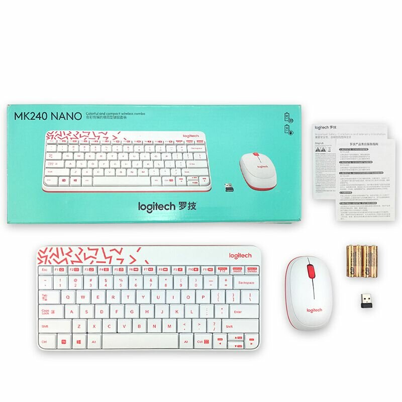 Комплект клавиатура + мышь Logitech MK240 Nano, white/red (Английская раскладка)