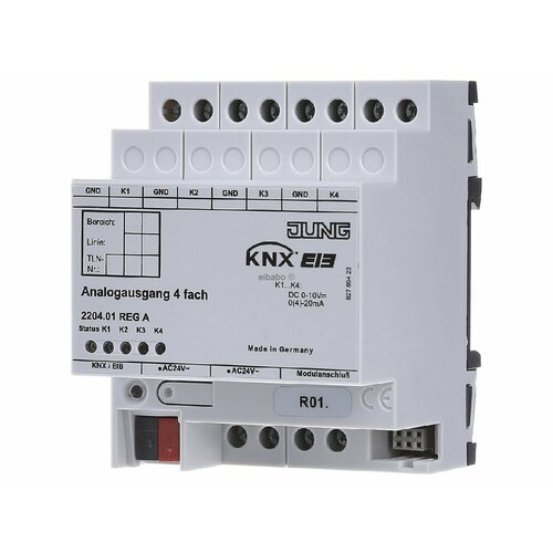 4-кратный аналоговый привод KNX для преобразования телеграмм KNX в аналоговые сигналы 2204.01 REG A – Jung – 4011377999770