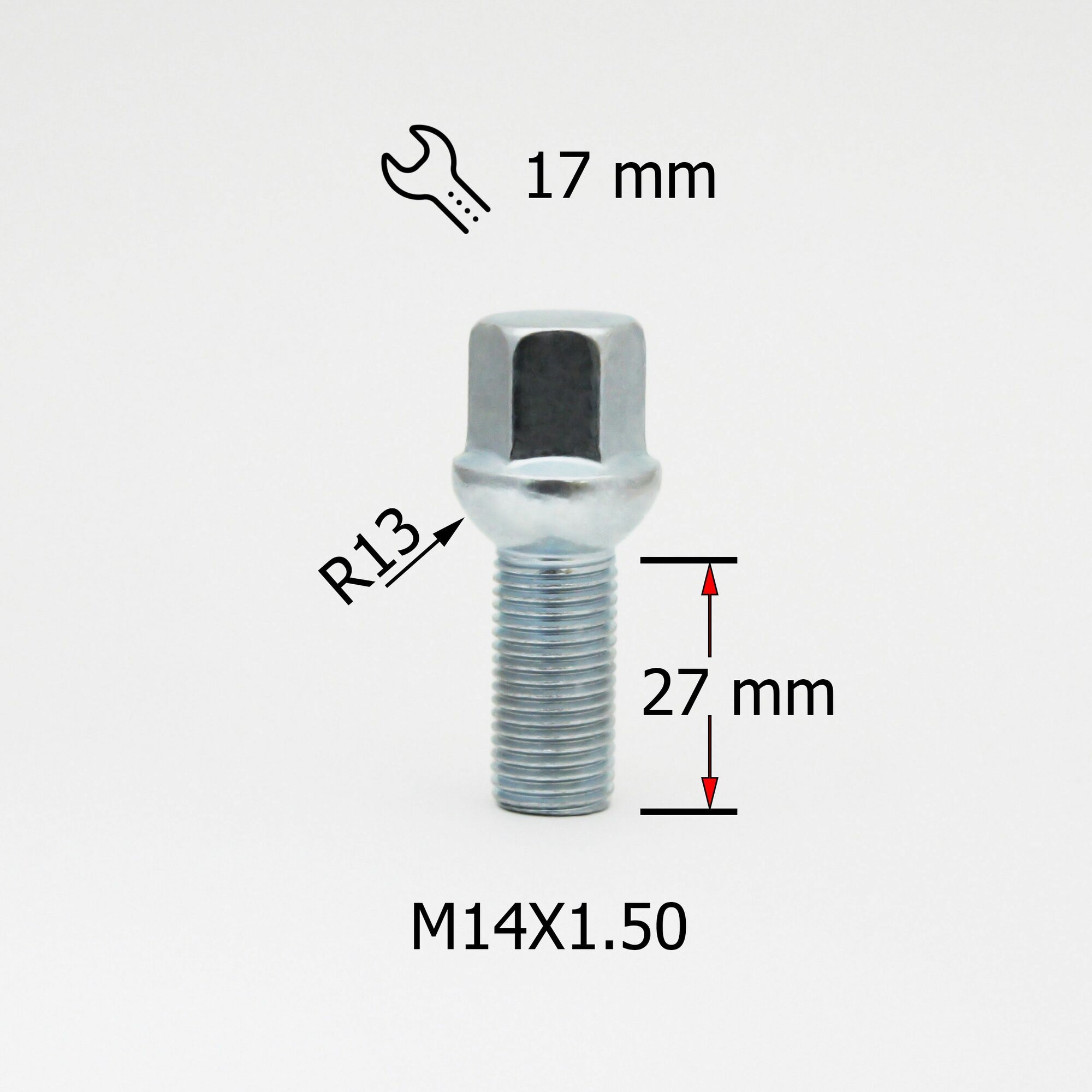 Болт колесный M14x1,5 длина резьбовой части 27мм, сфера, ключ 17мм, цинк