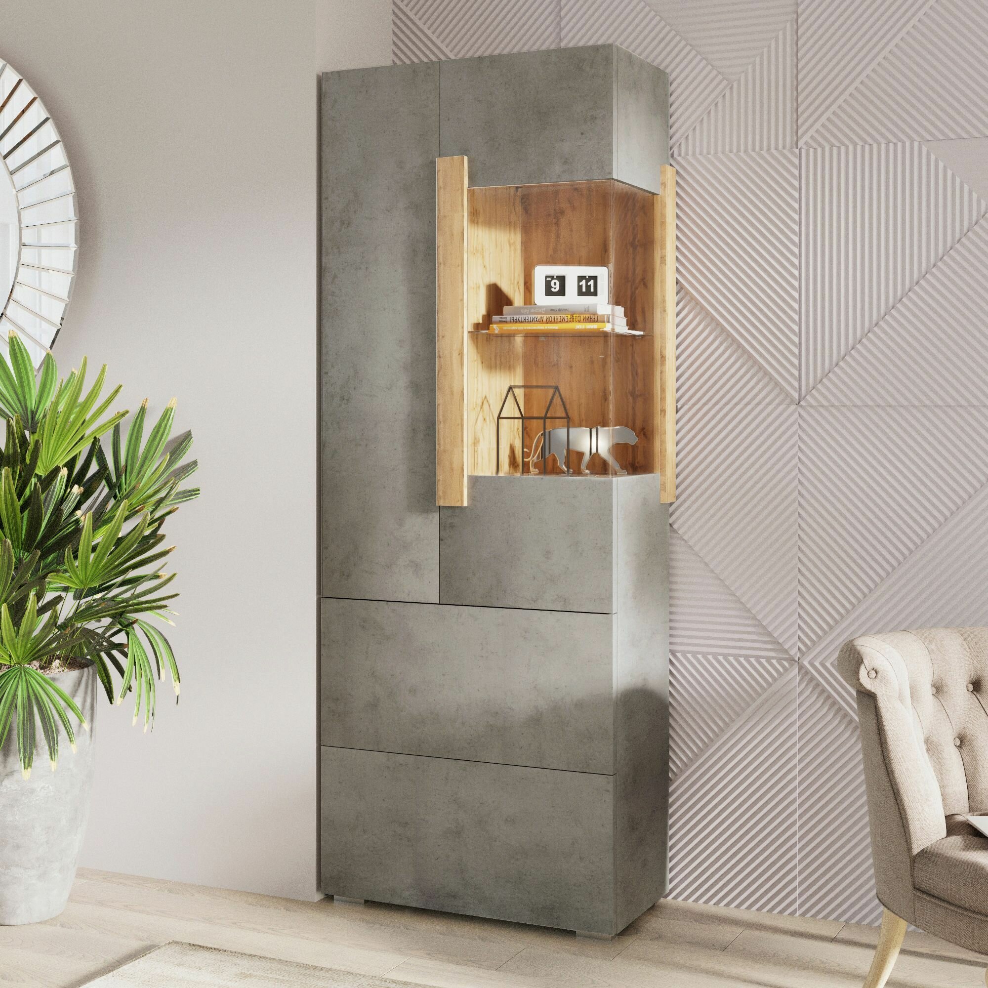 фото Шкаф витрина с выдвижными ящиками Римини 2014, Принцесса Мелания, Бетон / Дуб вотан, 1995х766х395 мм