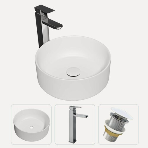 Изображение товара Раковина накладная для ванной Teymi Lina D41 в комплекте смеситель высокий хром и донный клапан клик-клак без перелива белый F01690