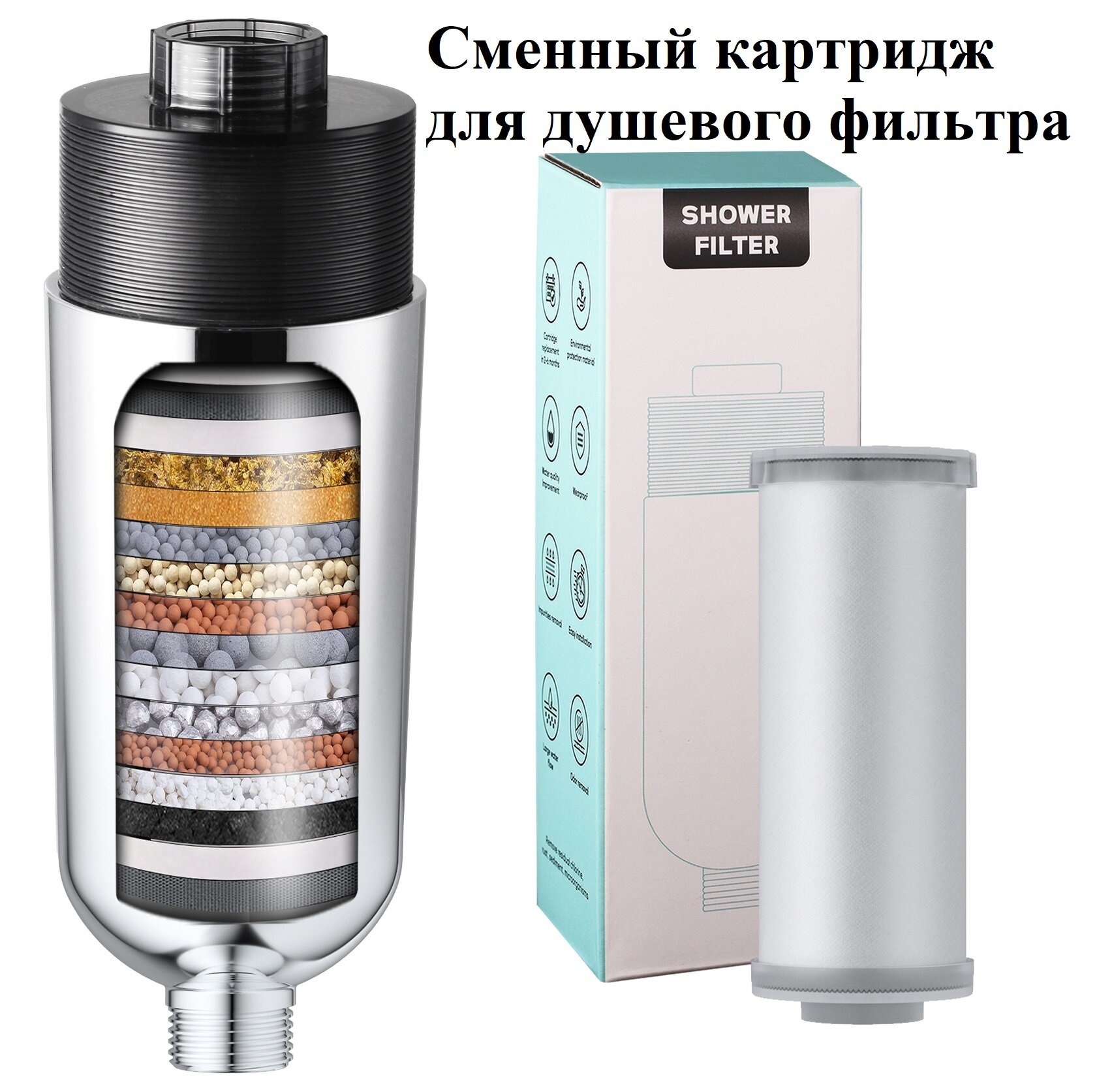 фото Картридж для фильтра для душа проточный от хлора, запаха, ржавчины, тяжелых металлов, антибактериальный, 15 ступеней очистки