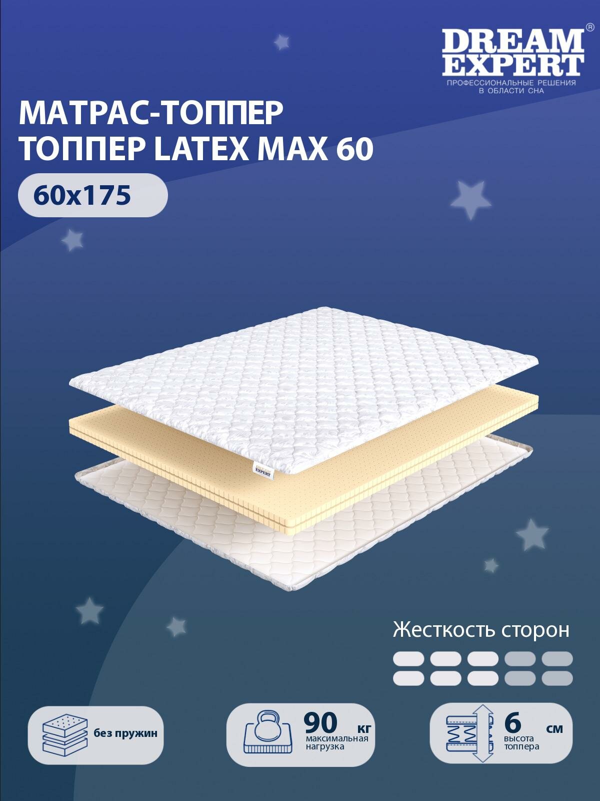 Матрас-топпер, Топпер-наматрасник DreamExpert Latex max 60 на диван, тонкий матрас, на резинке, Беспружинный, хлопковый, на кровать 60x175