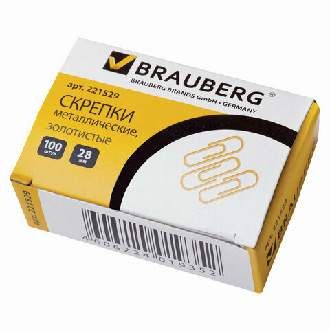 Скрепки BRAUBERG, 28 мм, золотистые, 100 шт, в картонной коробке, 221529