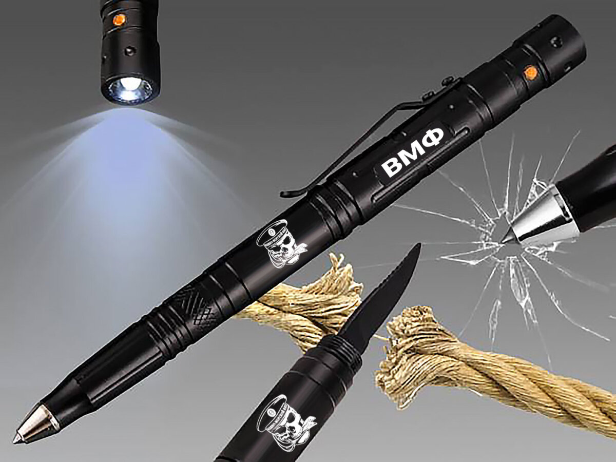 Многофункциональная тактическая ручка ВМФ, нож/фонарик/стеклобой, материал сталь, цвет черный — фото 1