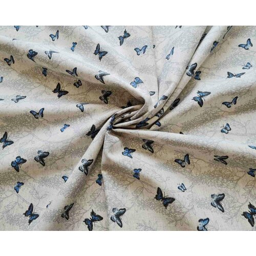 Ткань лен хлопок синие бабочки