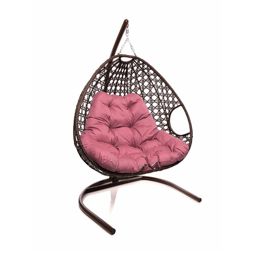 Подвесное кресло с ротангом "Для двоих Люкс" коричневое с розовой подушкой M-GROUP