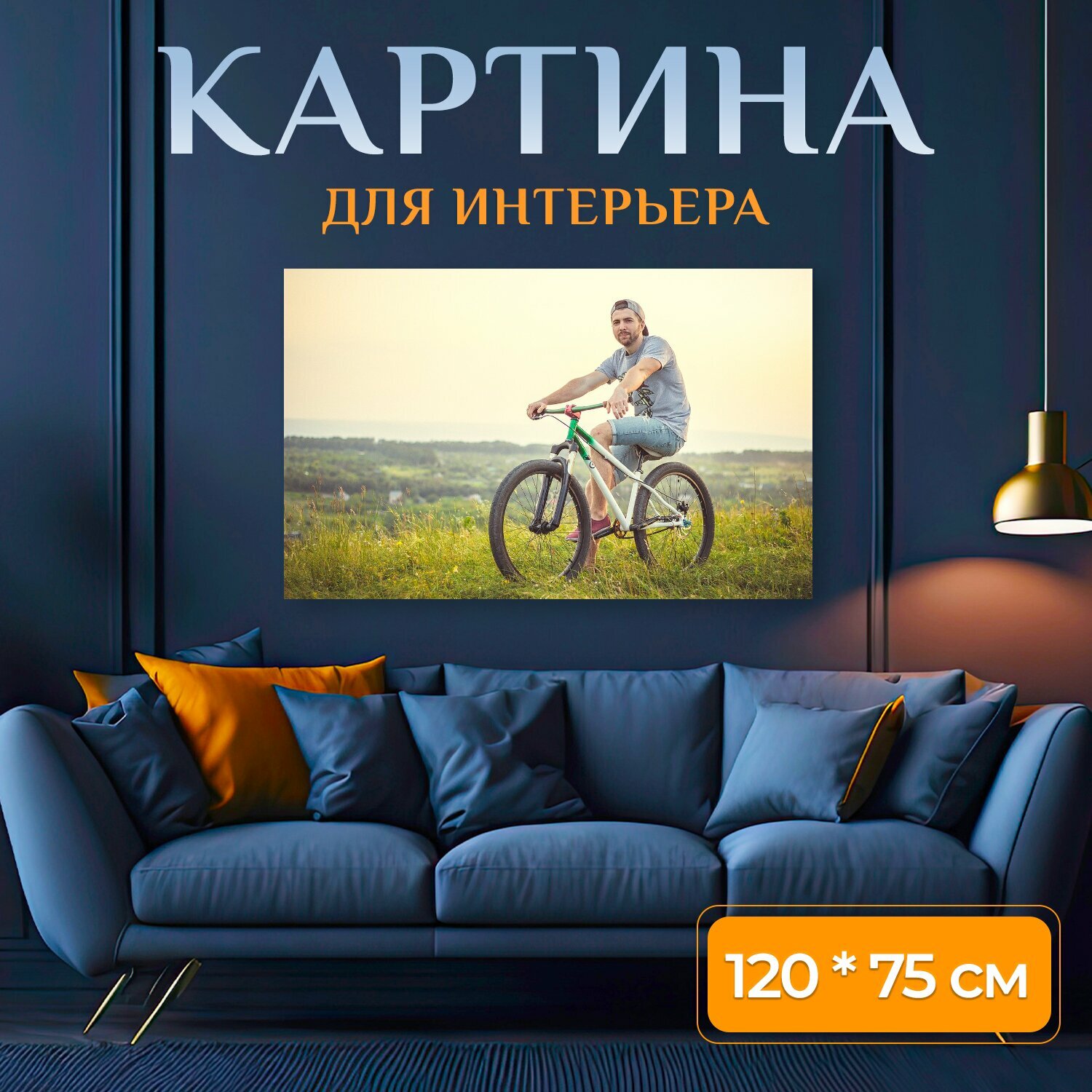 Картина на холсте "Велосипед, поле, природа" на подрамнике 120х75 см. для интерьера