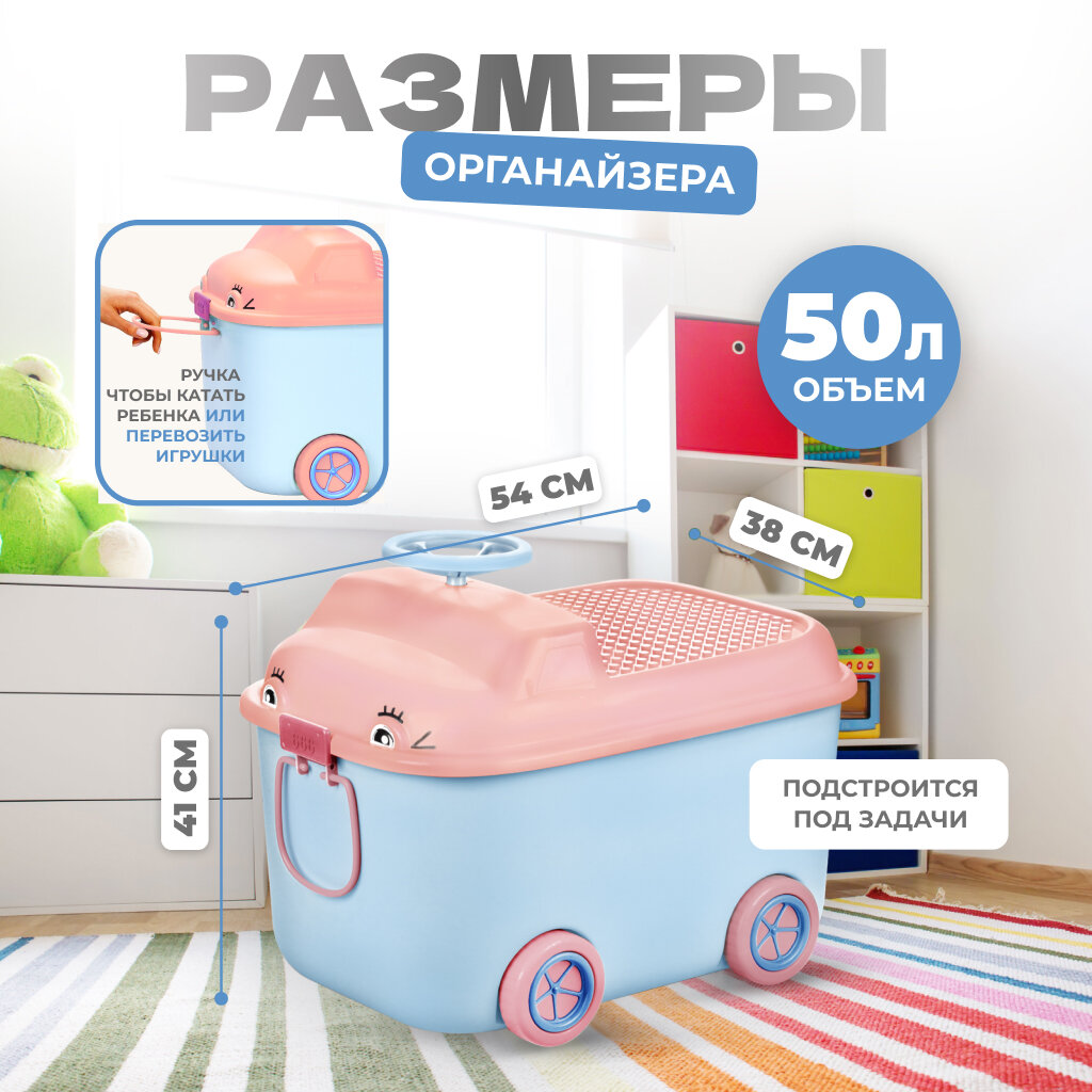 Ящик для хранения игрушек Solmax, на колесах, 50 л, голубой/розовый, 54х41,5х38 см