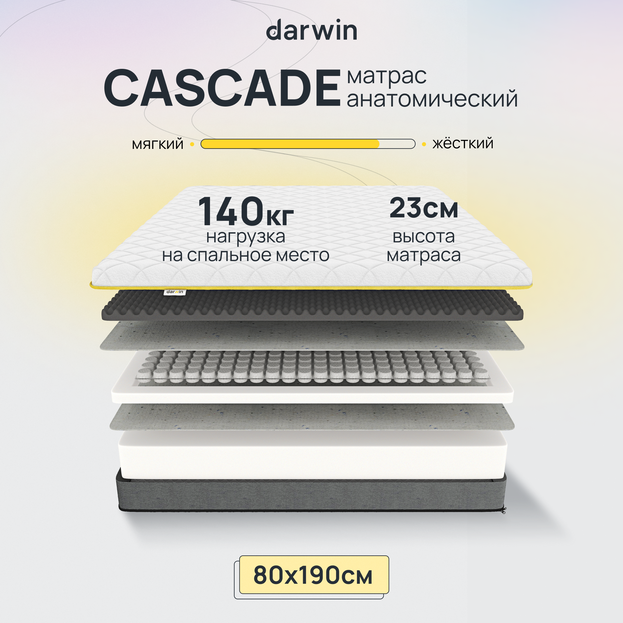 Пружинный матрас Darwin Cascade 80x190, независимые пружины, высота 22 см, 1 шт, белый