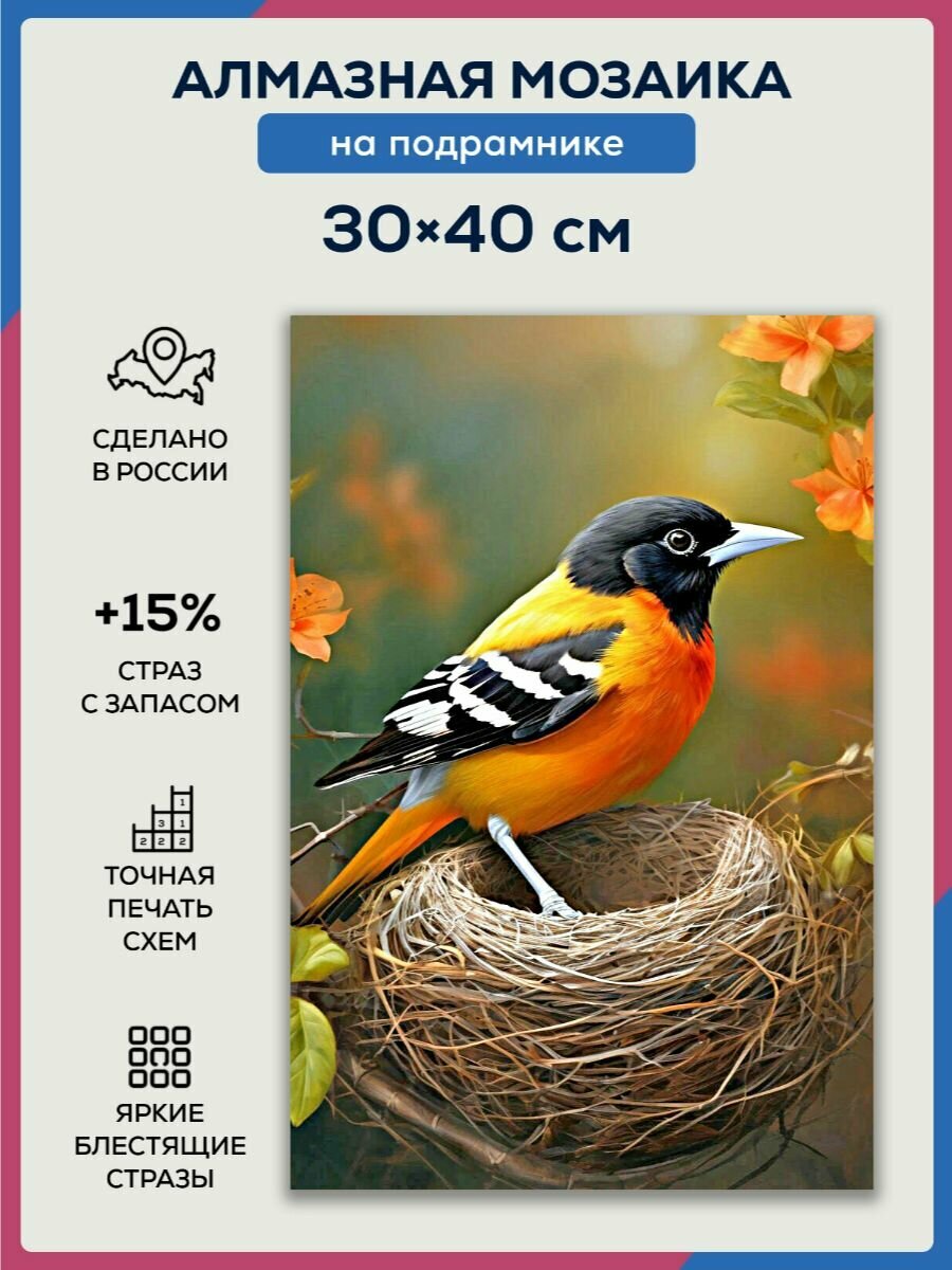 Алмазная мозаика 30x40 Птица в гнезде на подрамнике
