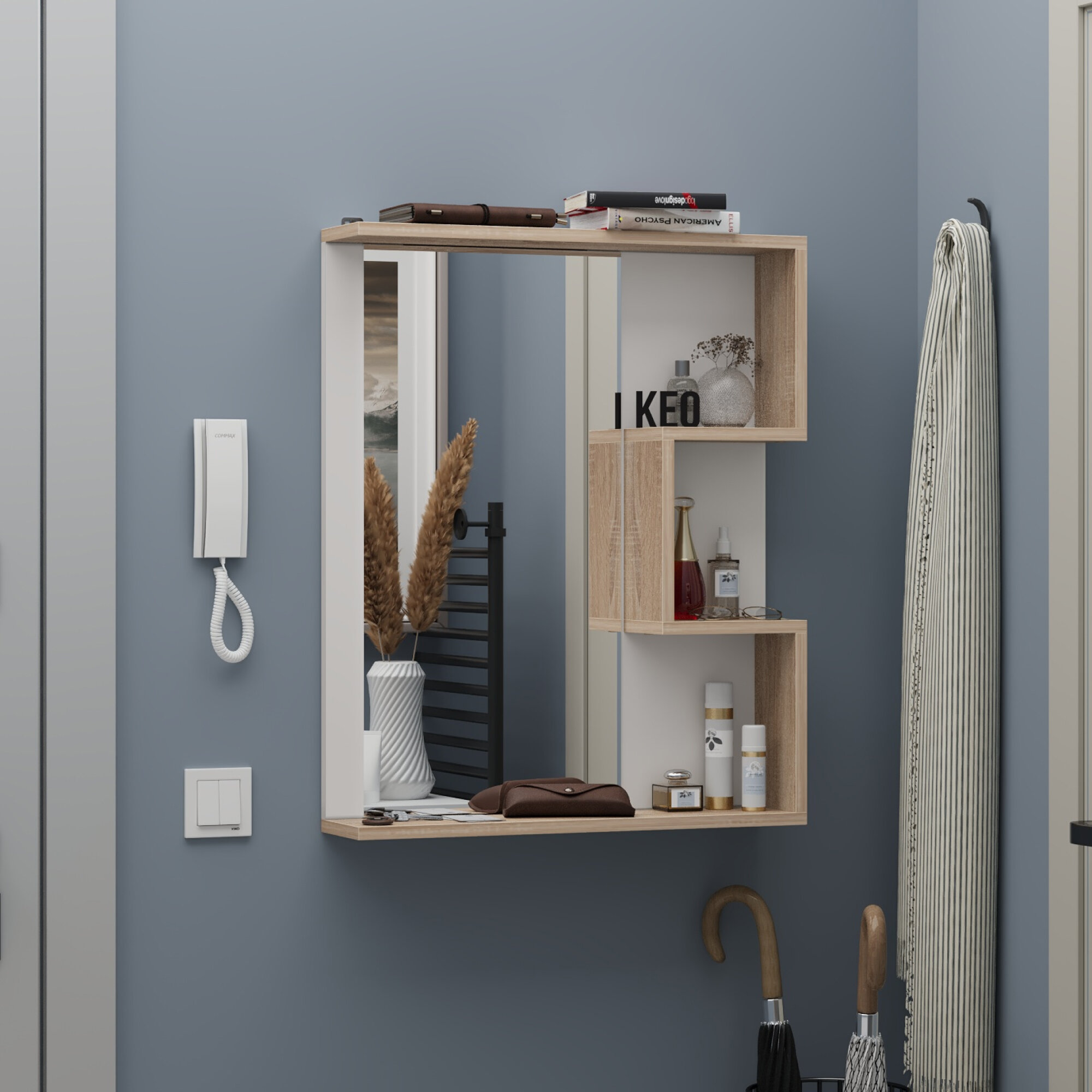 фото Полка настенная Кео ПЛЗ-020 белая дуб сонома с зеркалом в прихожую для ванной и туалета