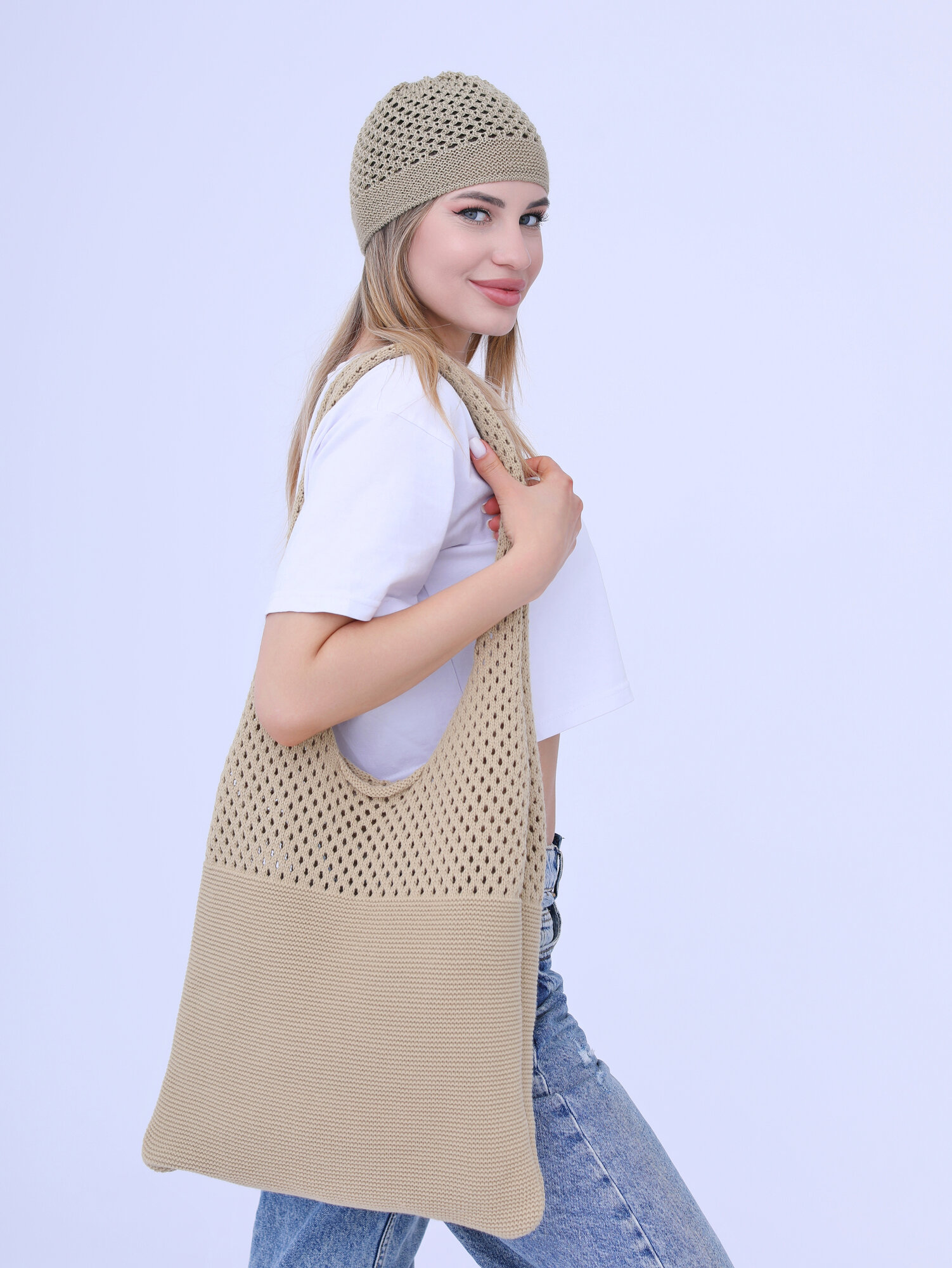 Сумка авоська MI ROPA Сумка-шоппер на плечо + вязаная шапочка в подарок 