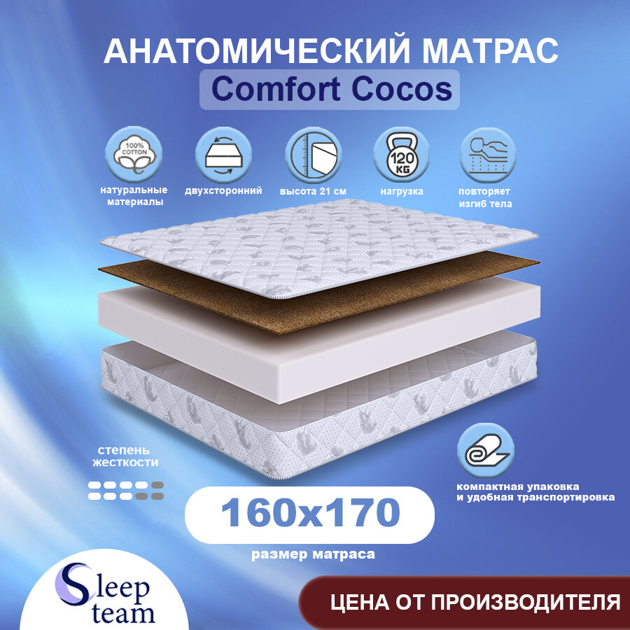 Матрас SleepTeam Comfort Cocos 160х170, беспружинный, для кровати, высота 21 см, двуспальный