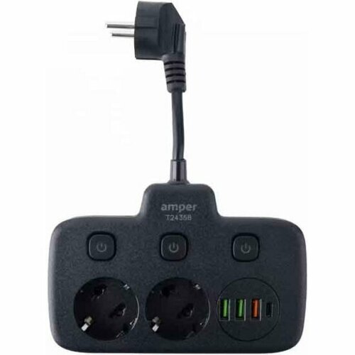 Сетевой удлинитель с USB Amper T2435B 2 розетки 3usb 1Type-C 3кн 2500 Вт 10А 02м 3075мм черный 750₽