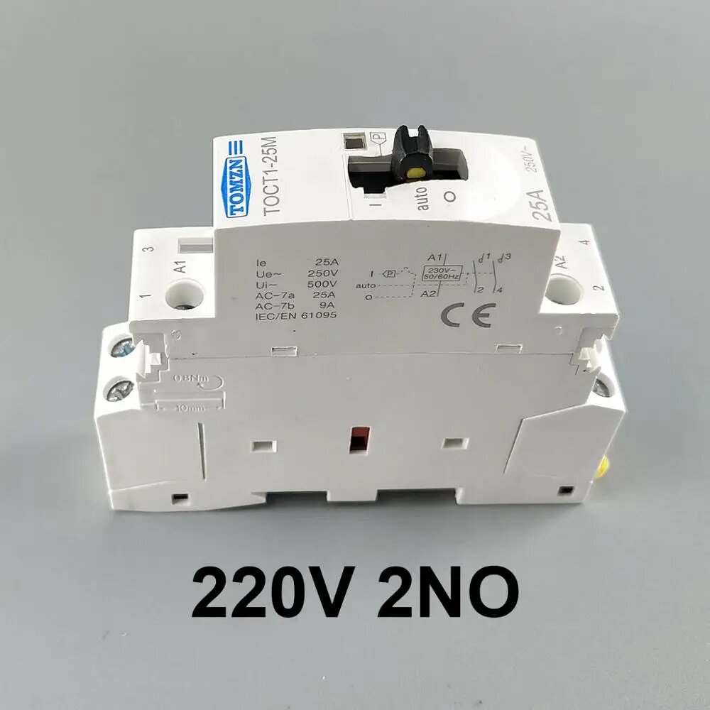 TOCT1 2P 25A 220 В/230 В 50/60 Гц Din-рейка Бытовой модульный контактор переменного тока с ручным переключателем управления 2НО или 1НО 1НЗ или 2НЗ, 2NO