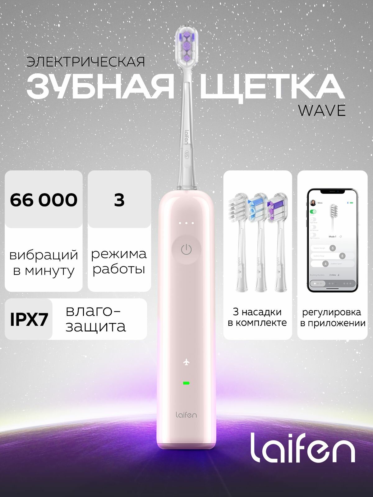 Электрическая зубная щетка Laifen Wave, ABS пластик, розовый
