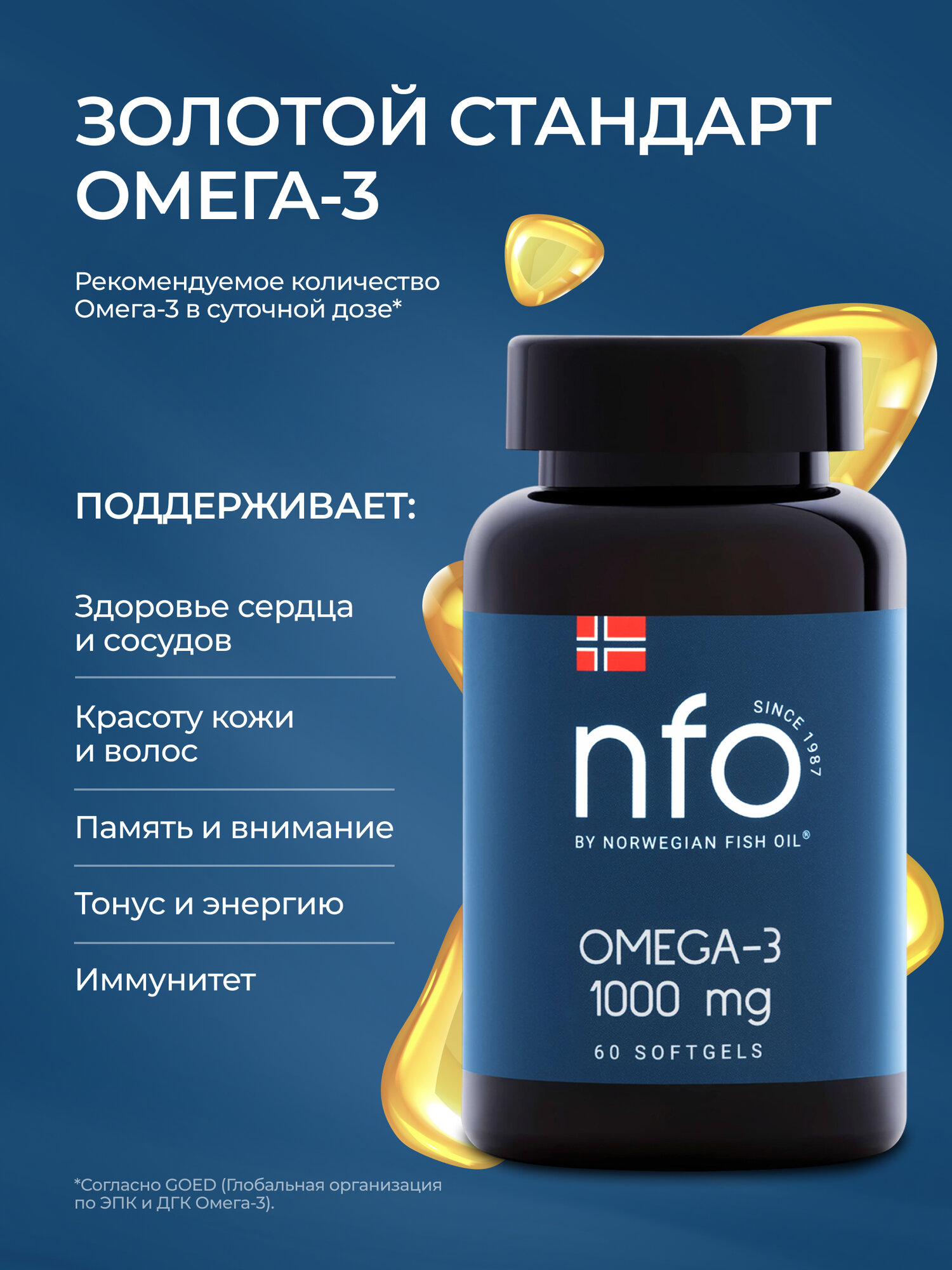 Картинки NFO Омега 3 1000 мг для взрослых с ПНЖК , 60 капсул, Норвегия