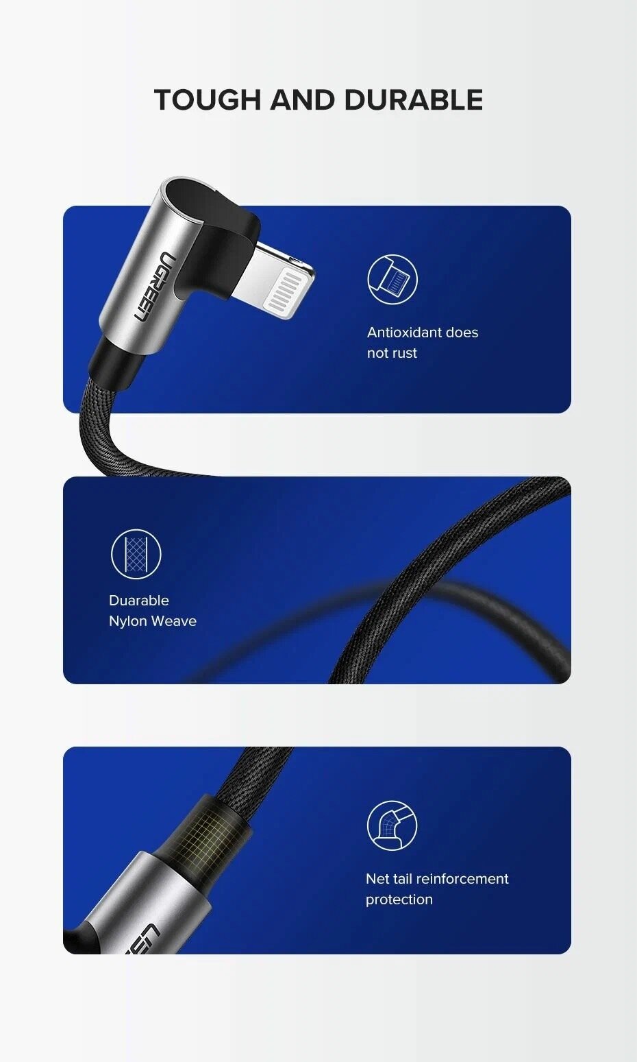 UGREEN Cable 1м (Black) Кабель для быстрой зарядки, с Г-образным разъёмом, US-299-60521