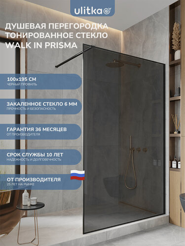 Изображение товара Душевая перегородка 100х195 см. Ulitka Walk In Prisma стекло тонированное, профиль черный