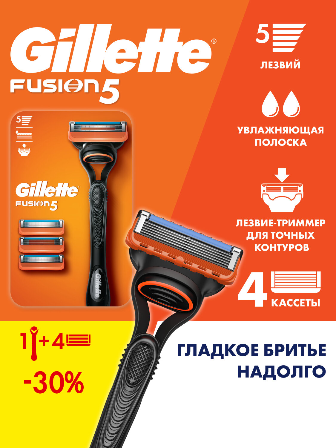 Gillette Fusion5 Мужская Бритва , 4 кассеты, с 5 лезвиями, c точным триммером для труднодоступных мест