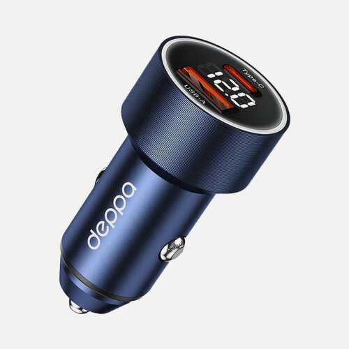 Изображение товара Автомобильное зарядное устройство Car Charger USB A + USB-C, PD, QC 3.0, 75W, дисплей, металл, синий, Deppa 11216