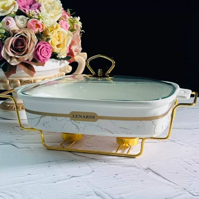 фото Прямоугольный сервировочный мармит 28см с крышкой на подставке в под. уп. Фарфор 133-349 118-133-349