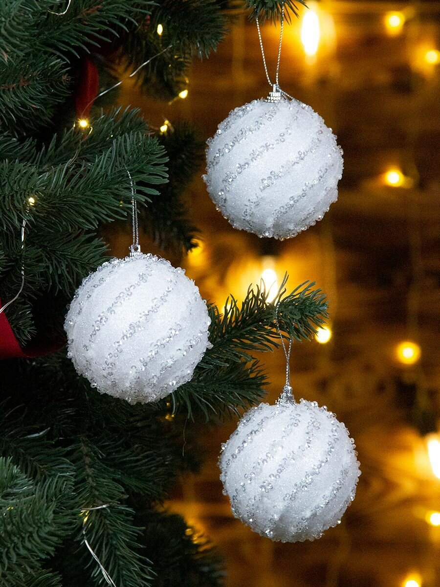 Елочные шары набор 8 см, 3 шт, белый