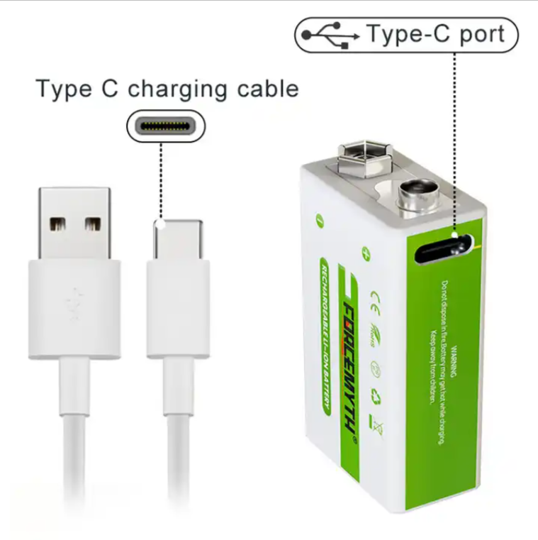 Аккумулятор Крона 9,2 V li-ion 6f22 1000mAh (1 шт.) с зарядкой через порт type-c.